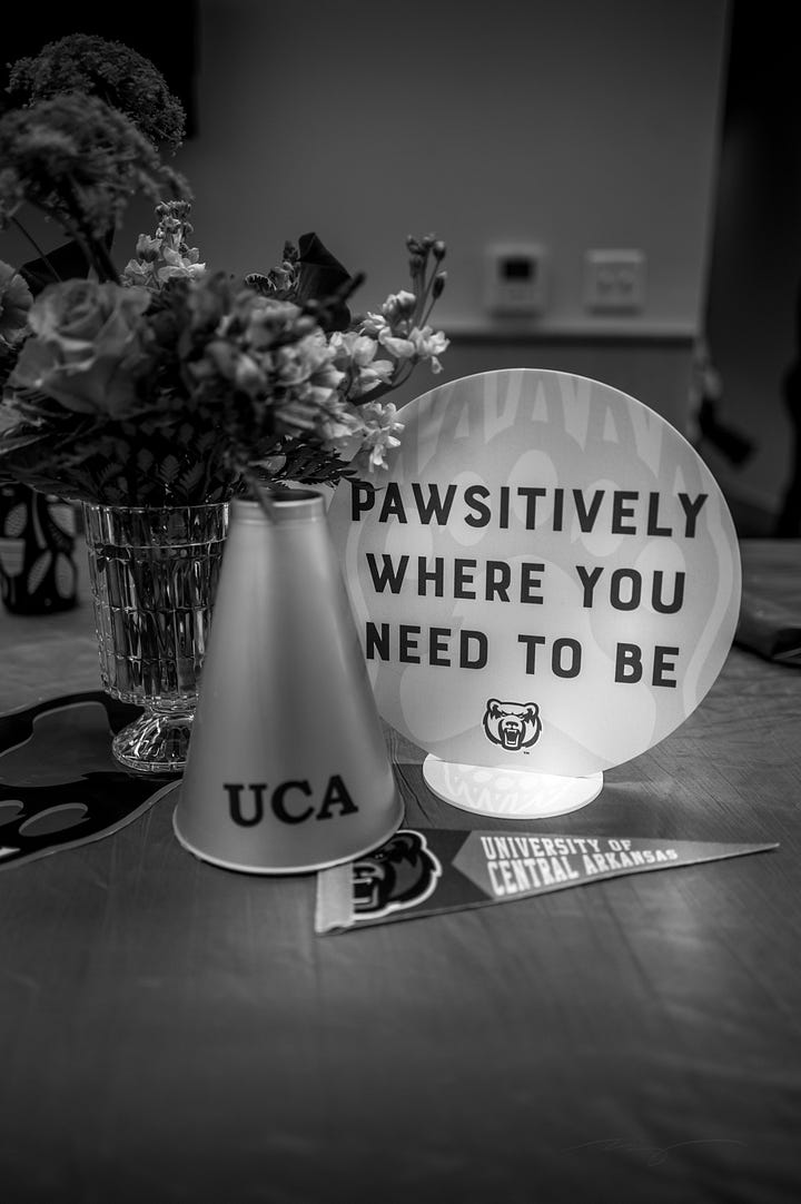 "Pawsitively" where you need to be sign with pom poms and flag, main building with ladder used by theatre students over the summer