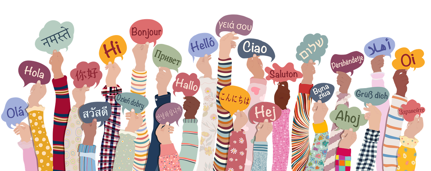 illustration of many colorful arms holding signs saying hello in many languages.