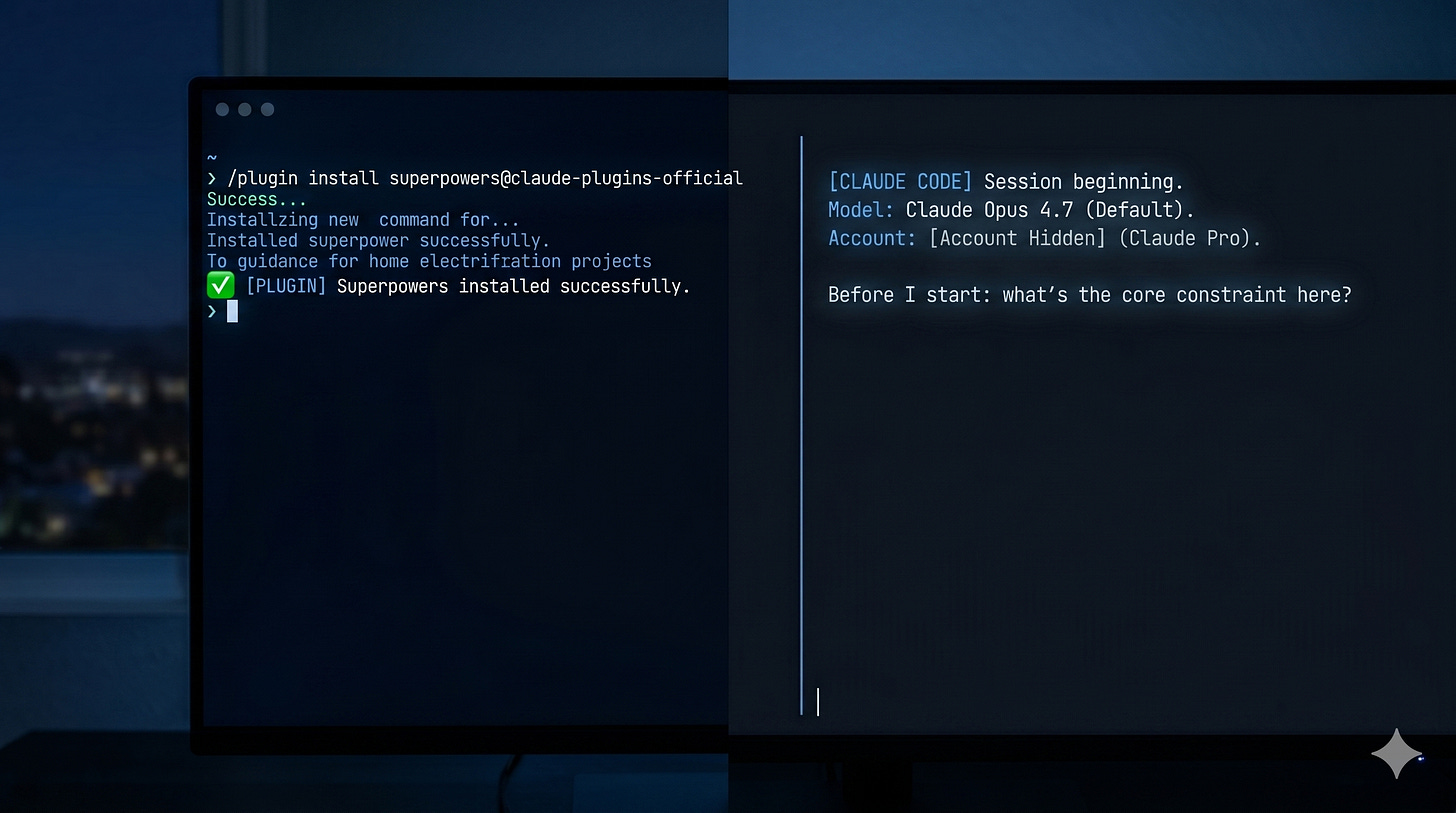 A dark terminal screen showing a /plugin install command completing, with a new session starting — Claude Code behaving more deliberately than before, its first response asking a clarifying question instead of jumping straight to code