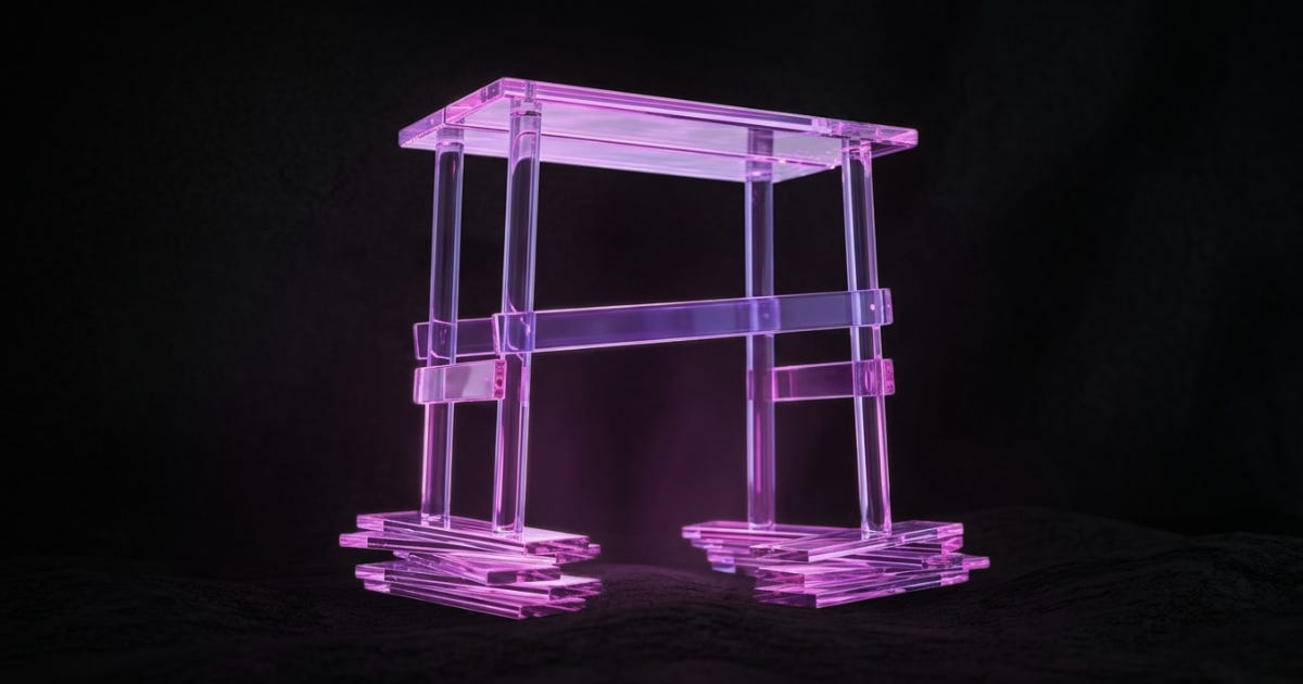 Glowing 3D scaffold structure on a dark background, rendered in magenta and purple, with three uneven levels suggesting the equity gap in school AI adoption.