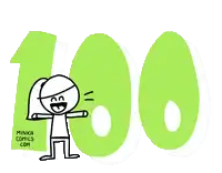a stick figure stands next to a pink number 100