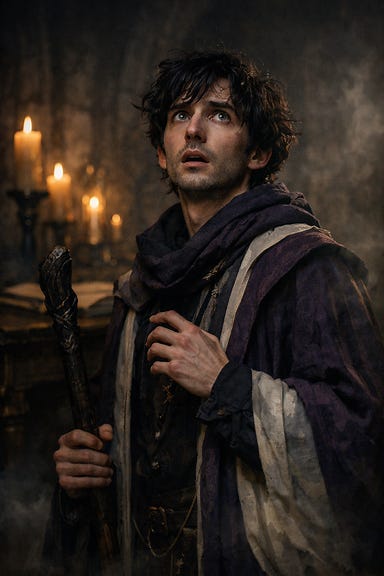 Felonious, slender scholar-mage with tousled dark hair, luminous shadowed eyes, and robes of midnight violet, ash gray, and parchment ivory, stands in dim candlelight looking amazed and slightly terrified at a towering figure off-frame. Expression wide-eyed, breath caught, atmosphere eerie and tense.