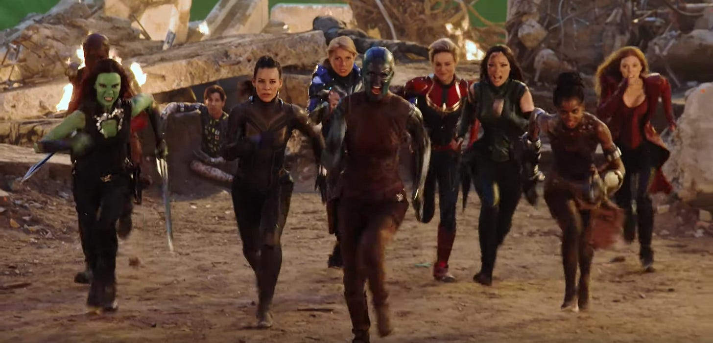 A still from Avengers, Endgame, showing all the women of Marvel in one shot, running toward the camera