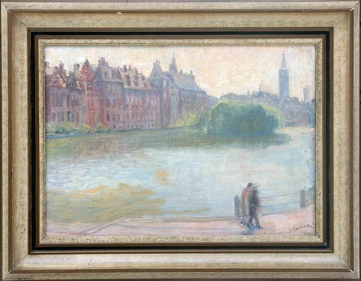 'De Hofvijver in Den Haag met zicht op de regeringsgebouwen, de toren van de Jacobuskerk op de achtergrond' - olieverf op doek: Jan Cossaar (kavel 120, Vendu Rotterdam) 'De Hofvijver in Den Haag met zicht op de regeringsgebouwen, de toren van de Jacobuskerk op de achtergrond' - olieverf op doek: Jan Cossaar (kavel 120, Vendu Rotterdam)