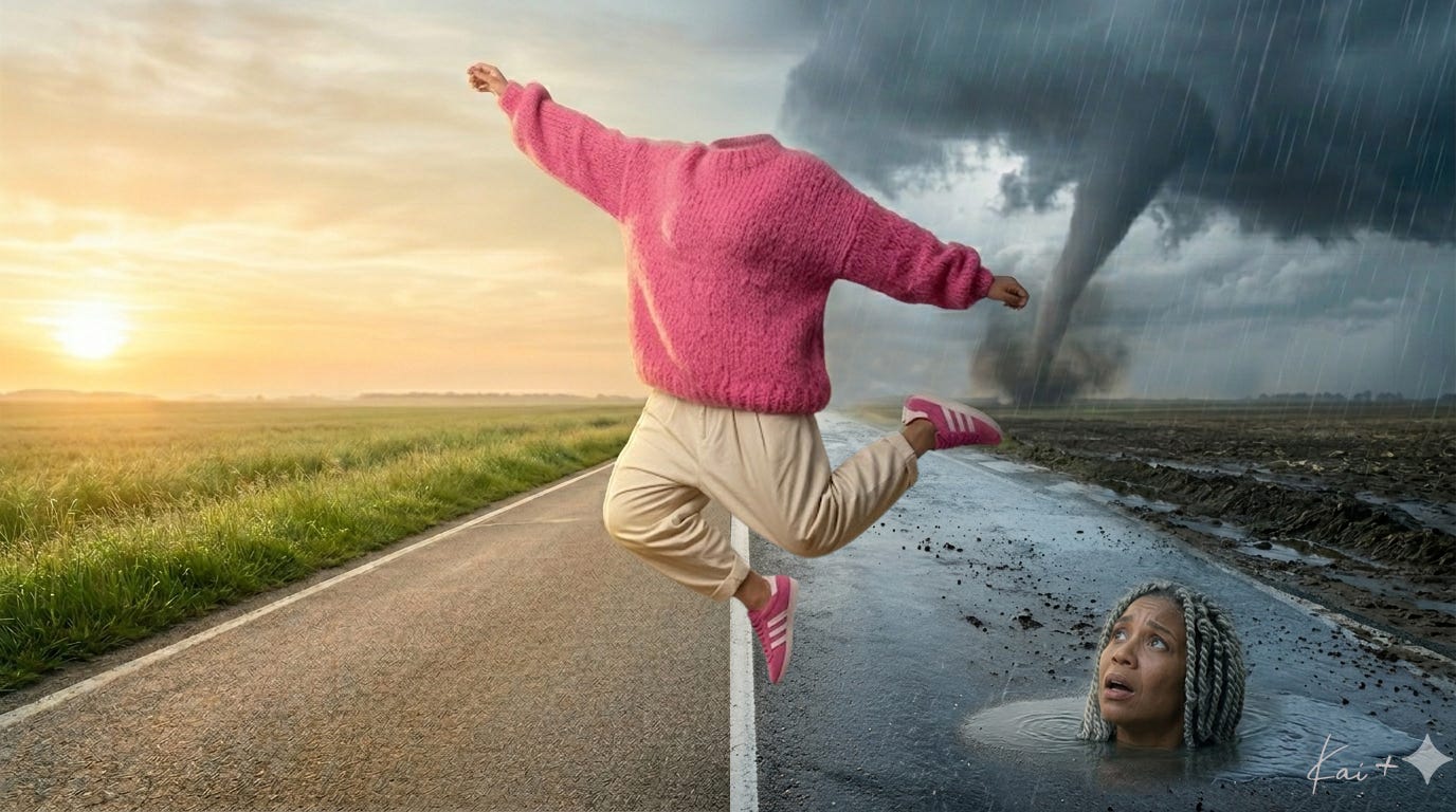 A conceptual photograph of a two-lane asphalt road split down the middle. The left side shows a golden-lit sunrise over a green field, where a headless woman in a fuzzy pink sweater and cream pants is caught mid-air, leaping joyfully with arms wide. The right side is a dark, muddy road under a storm with an approaching tornado, and a human head with gray twists is nestled in a puddle on the road, looking back towards the viewer. The signature 'Kai + Gemini logo' is in the lower right corner.