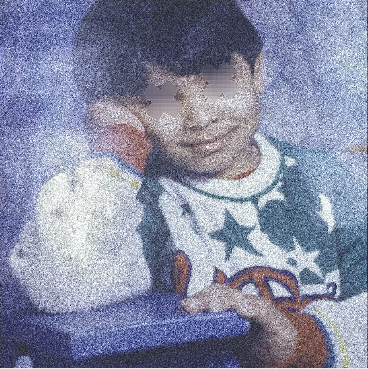 Portrait of me posed for a 2nd grade school photo. Eyes are crossed out for dramatic effect.