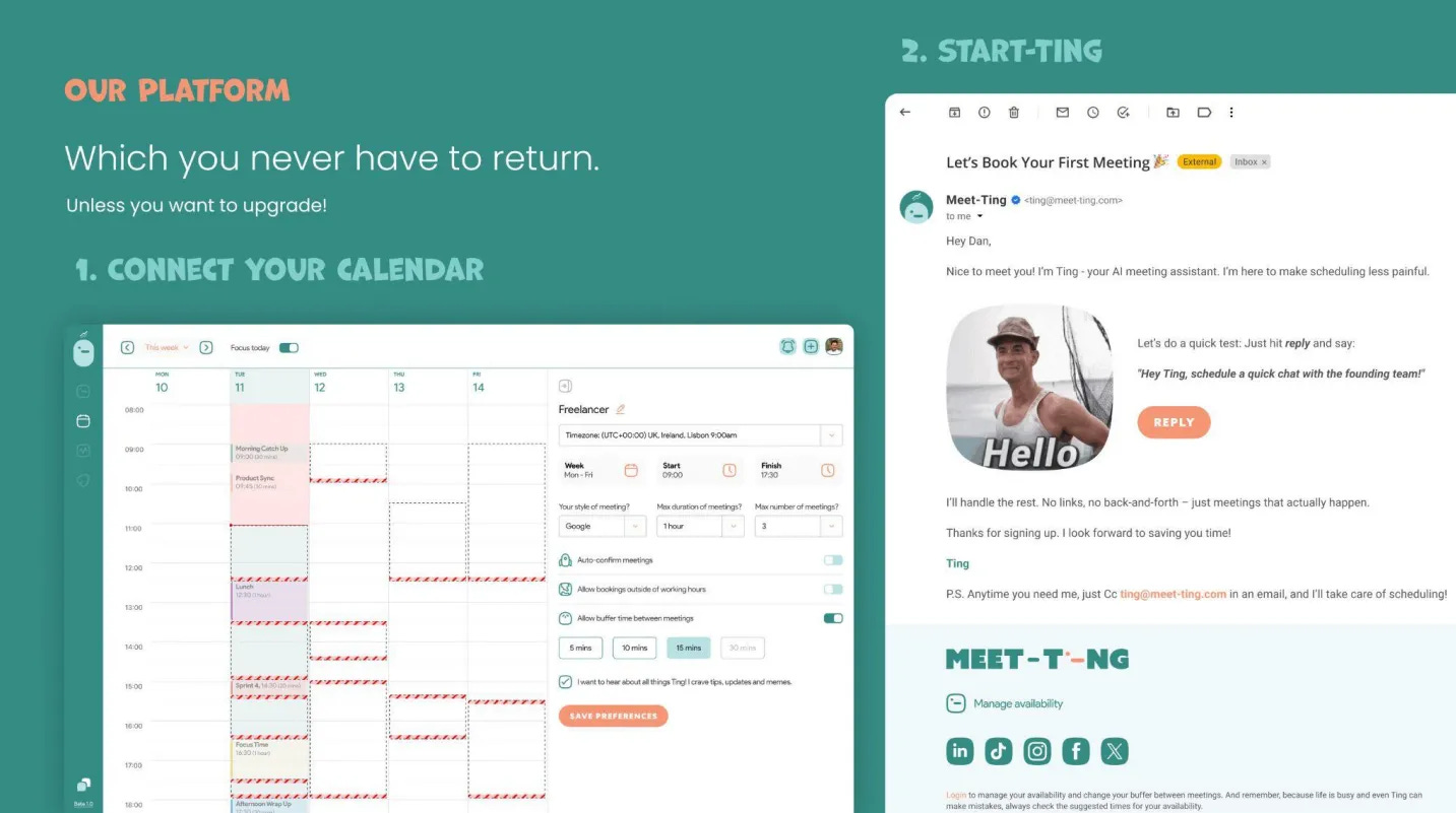 Product slide showing Meet-Ting’s calendar integration and onboarding email.