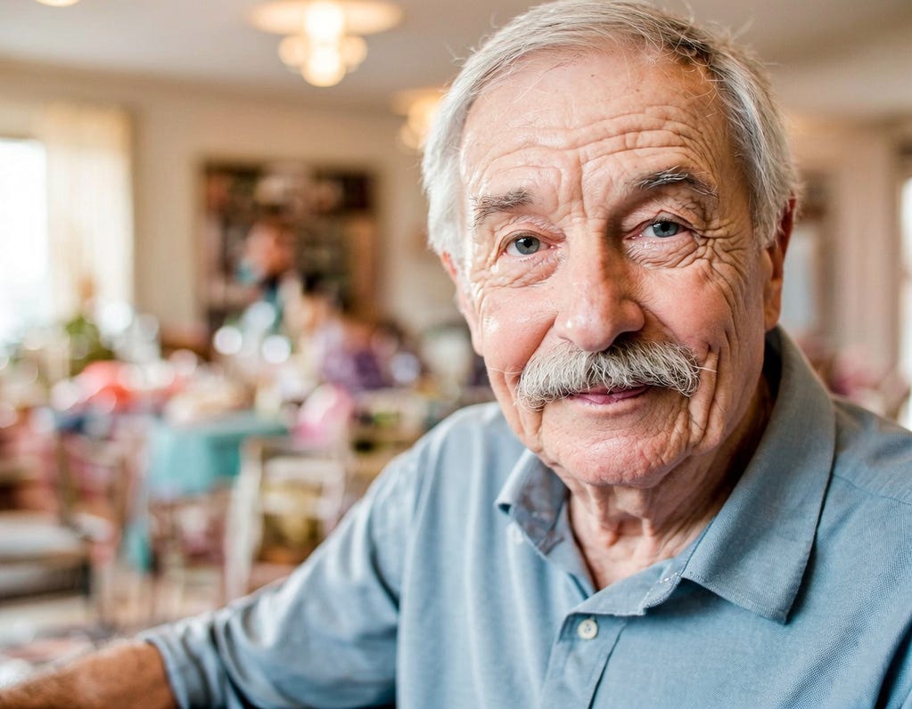Tight portrait of pleasant-looking 85-year-old white man with mustache. Public dining room is in the background. 