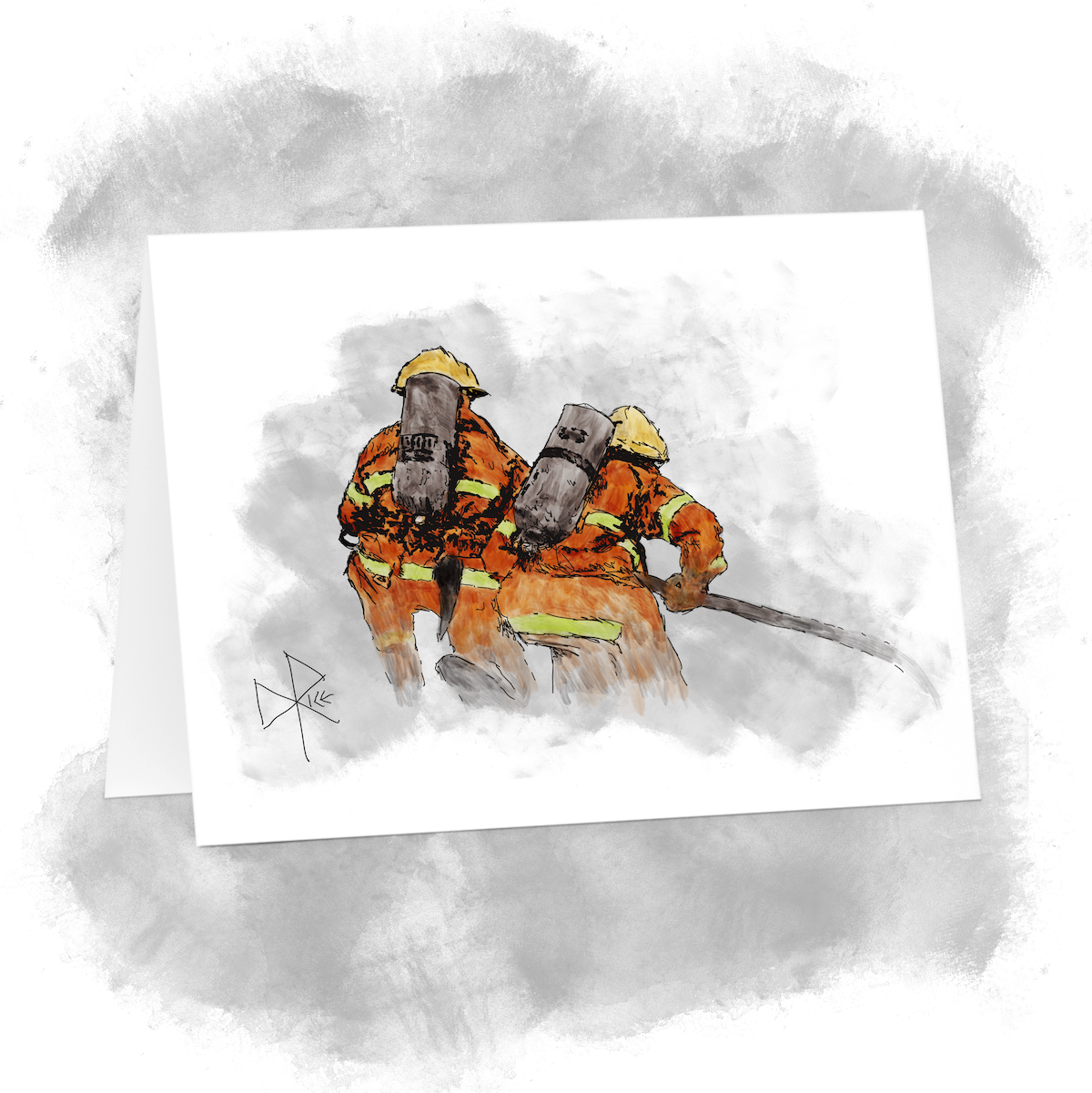 Two firefighters, on their knees, anchor the nozzle end of a hose. Sketch art by Don Rice. Two firefighters, on their knees, anchor the nozzle end of a hose. Sketch art by Don Rice.