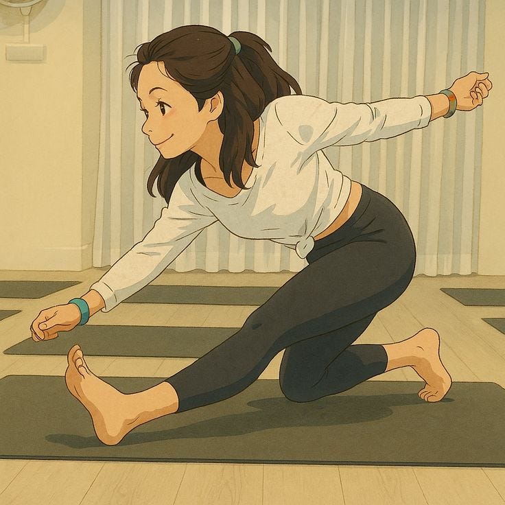 This may contain: a woman in white shirt and black pants doing yoga on floor next to curtained window