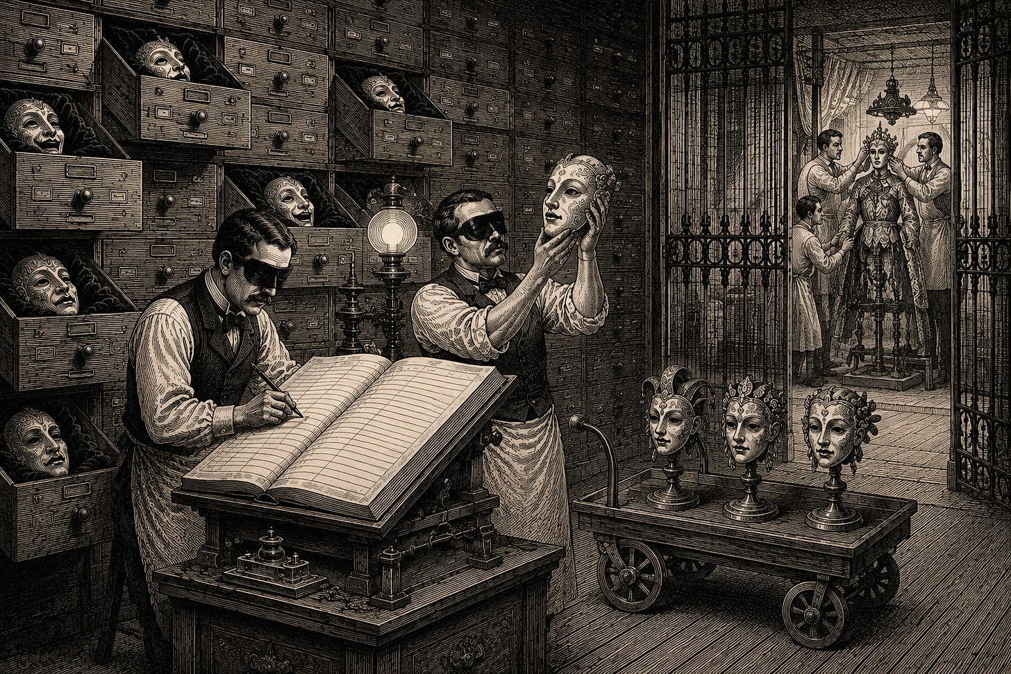 Wood-engraving editorial illustration in the Thomas Nast Harper's Weekly style for Attention Capital's essay The Graduation Problem, depicting character IP held as corporate property. In a bank-vault registry, clerks catalog ornate theatrical masks into a great ledger like bearer bonds, while attendants through an iron grille fit one mask onto a costumed armature for performance. The image argues the essay's central flip: COVER Corp owns Usada Pekora the way Disney owns Mickey Mouse, with the character, name, channel, and catalog sitting inside the corporation while the performer works under contract. Keywords: character IP ownership, VTuber agency, COVER Corp, ANYCOLOR, intellectual property finance, attention as collateral.