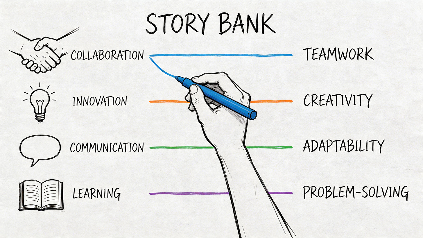 A hand drawing lines connecting business skill concepts like collaboration and innovation on a Story Bank diagram.
