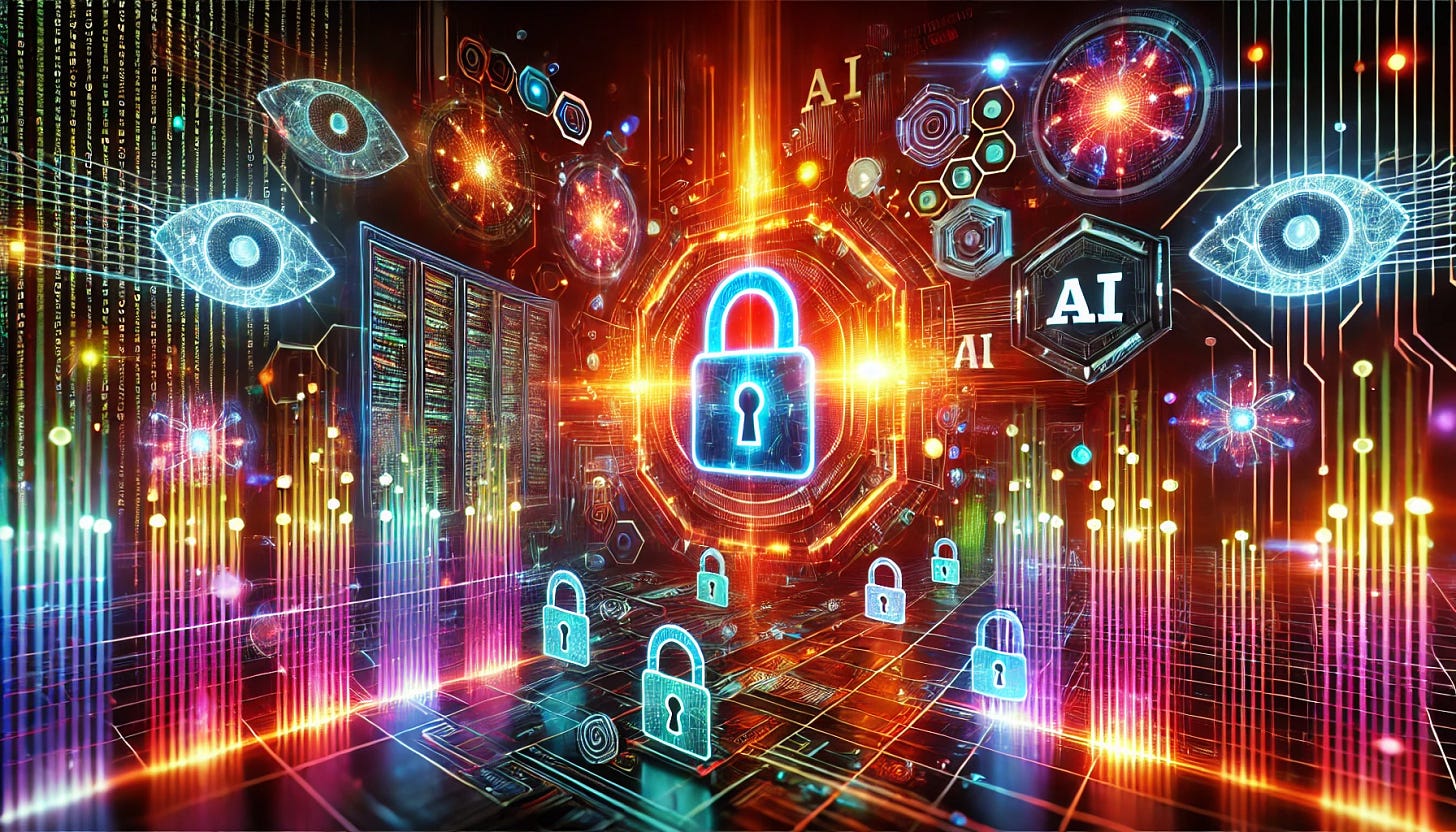 A futuristic abstract AI-inspired digital artwork featuring cybersecurity themes. The image includes glowing firewalls, encrypted data streams, and AI-powered defense systems blocking cyber threats. Bright, vivid neon colors illuminate the scene, creating a high-tech, cyberpunk aesthetic. The composition should convey the complexity and power of cybersecurity, with elements such as digital locks, shielded networks, and holographic security interfaces protecting sensitive information. The background should have a deep contrast to enhance the glowing cyber elements.