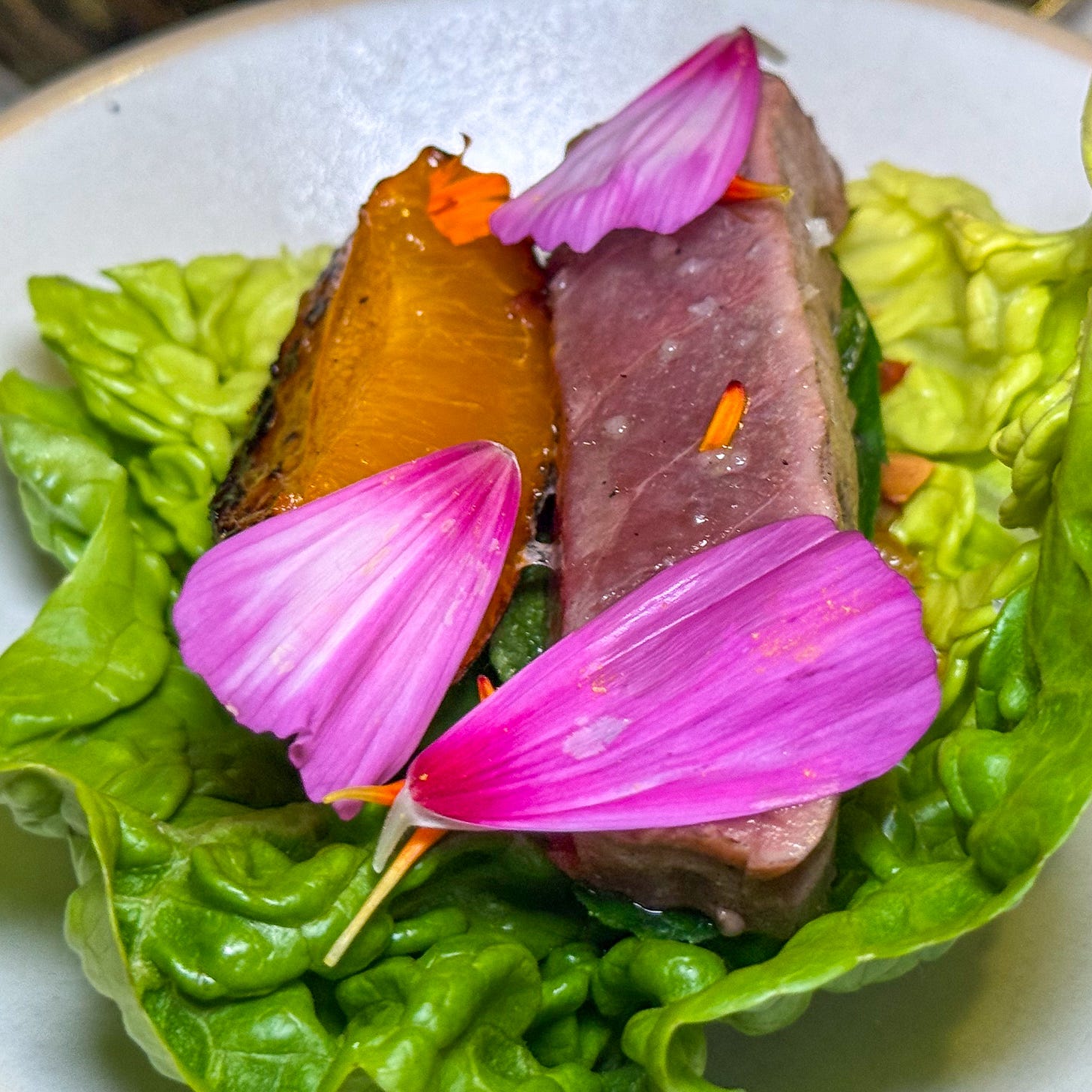 A baton of tuna and roast apricot on a butter lettuce leaf, dressed with pink petals, at Datil in Paris. A baton of tuna and roast apricot on a butter lettuce leaf, dressed with pink petals, at Datil in Paris.