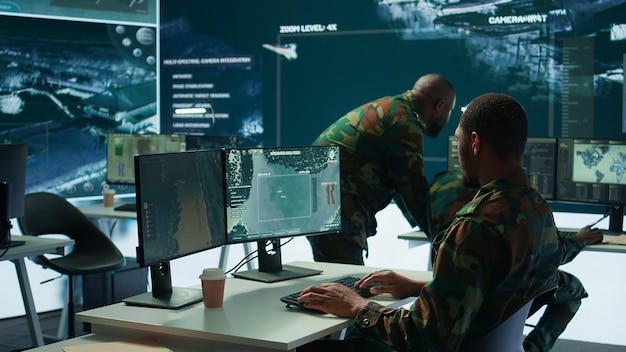 Military personnel in a high tech command center monitor satellite feeds |  Premium Photo