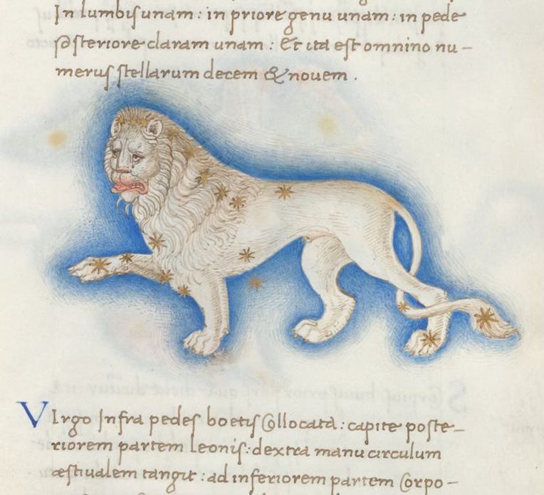 Portion of manuscript page with illustration of constellation Leo; Latin text above and below