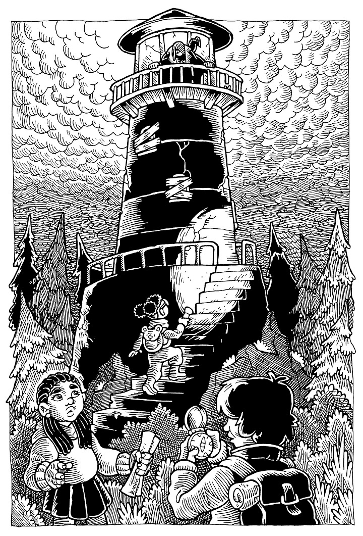 Photos of black and white traditionally hand drawn full page illustrations. A trio of kid approach a boarded up lighthouse surrounded by crooked pine trees and under a sky full of ominous churning clouds. A sinister figure watches them from the top of the lighthouse. On the other images three kids spot a fishman creature in the local aquarium.