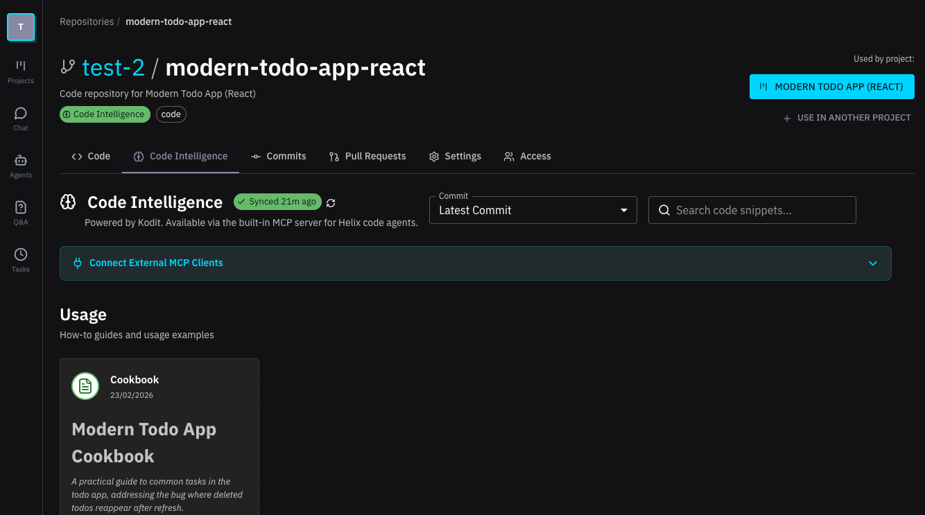 An image of Kodit being used inside Helix as Code Intelligence. An image of Kodit being used inside Helix as Code Intelligence.