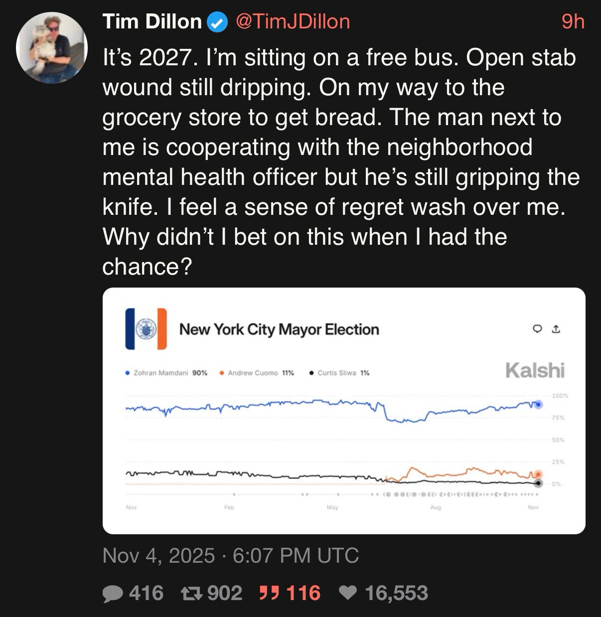 Tim Dillon on Twitter: “It’s 2027. I”m sitting on a free bus. Open stab wound still dripping. On my way to the grocery store to get bread. The man next to me is cooperating with the neighborhood mental health officers but he’s still gripping the knife. I feel a sense of regret wash over me. Why didn’t I bet on this when I had the chance?” Tim Dillon on Twitter: “It’s 2027. I”m sitting on a free bus. Open stab wound still dripping. On my way to the grocery store to get bread. The man next to me is cooperating with the neighborhood mental health officers but he’s still gripping the knife. I feel a sense of regret wash over me. Why didn’t I bet on this when I had the chance?”