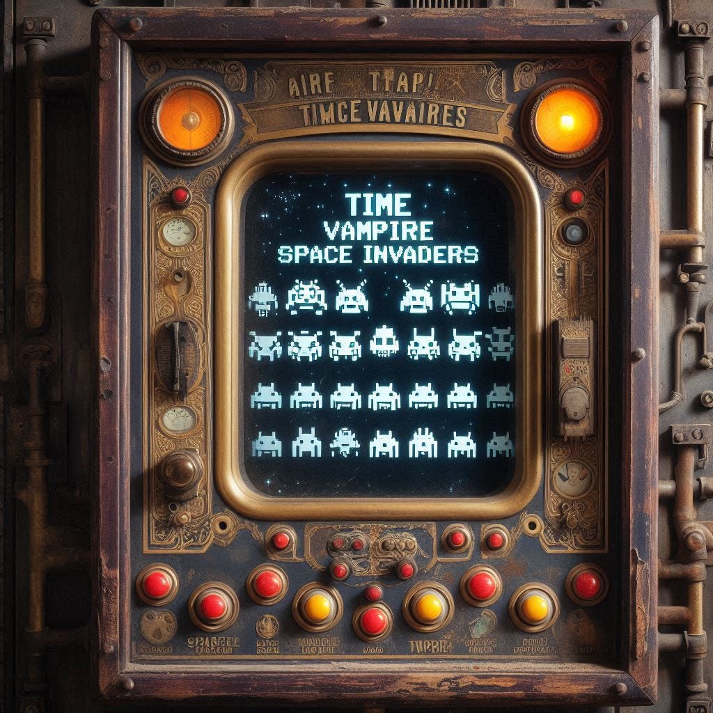 Time Vampire Space Invaders framed inside an old arcade game unit