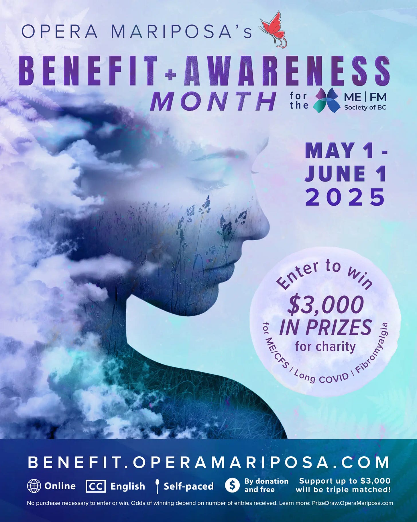 A blue image of a woman looking over her shoulder with clouds and fields in her skin. The text reads: Opera Mariposa's Benefit & Awareness Month. With more text as mentioned in the paragraph above the image. 