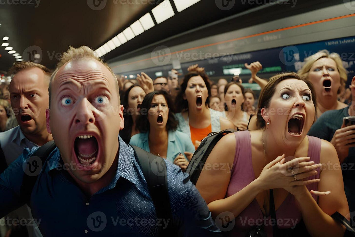 Crowd of panicking people. People scream in fear. Neural network AI ...