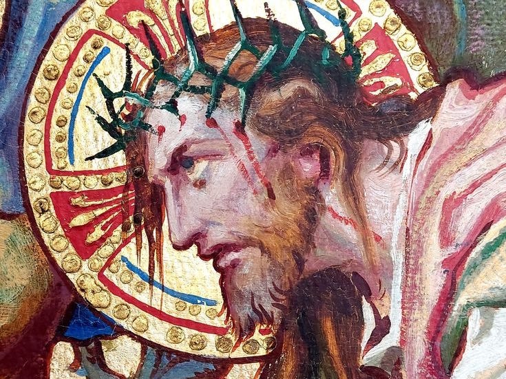 This may contain: a painting of jesus holding the cross in his hand and looking down at him from below This may contain: a painting of jesus holding the cross in his hand and looking down at him from below