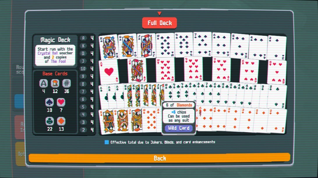A screenshot from Balatro displaying the cards in a  deck. There are very few hearts cards and 3 Ace of Clubs.