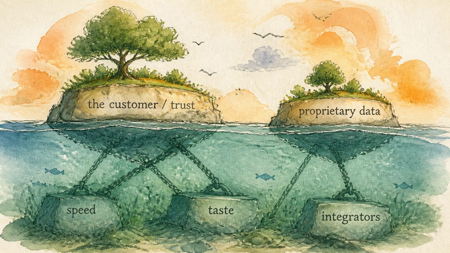 Two islands labeled customer trust and proprietary data standing above a flood while speed, taste and integrators sink underwater — the only durable business moats when AI models are commoditized Two islands labeled customer trust and proprietary data standing above a flood while speed, taste and integrators sink underwater — the only durable business moats when AI models are commoditized