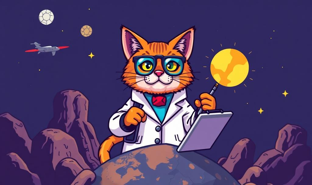 Image of cat scientist trying to save the planet.