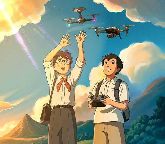 A cartoon of boys with remote controls and flying drones

AI-generated content may be incorrect.