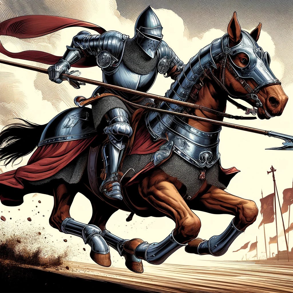 A realistic comic book-style illustration of a fully armored 11th-century knight charging on horseback with a couched lance. The knight is clad in chainmail and a conical helmet with a nasal guard, seated firmly in the saddle. His feet are clearly shown braced in metal stirrups, emphasizing their support as he leans forward with the lance positioned under his arm. The horse is armored with a caparison and decorative trappings, galloping powerfully across a medieval battlefield. The background includes banners, dust clouds, and distant castle walls. The image uses dramatic shading, bold outlines, and a rich color palette of steel, crimson, and gold, with dynamic motion lines to heighten the sense of action.