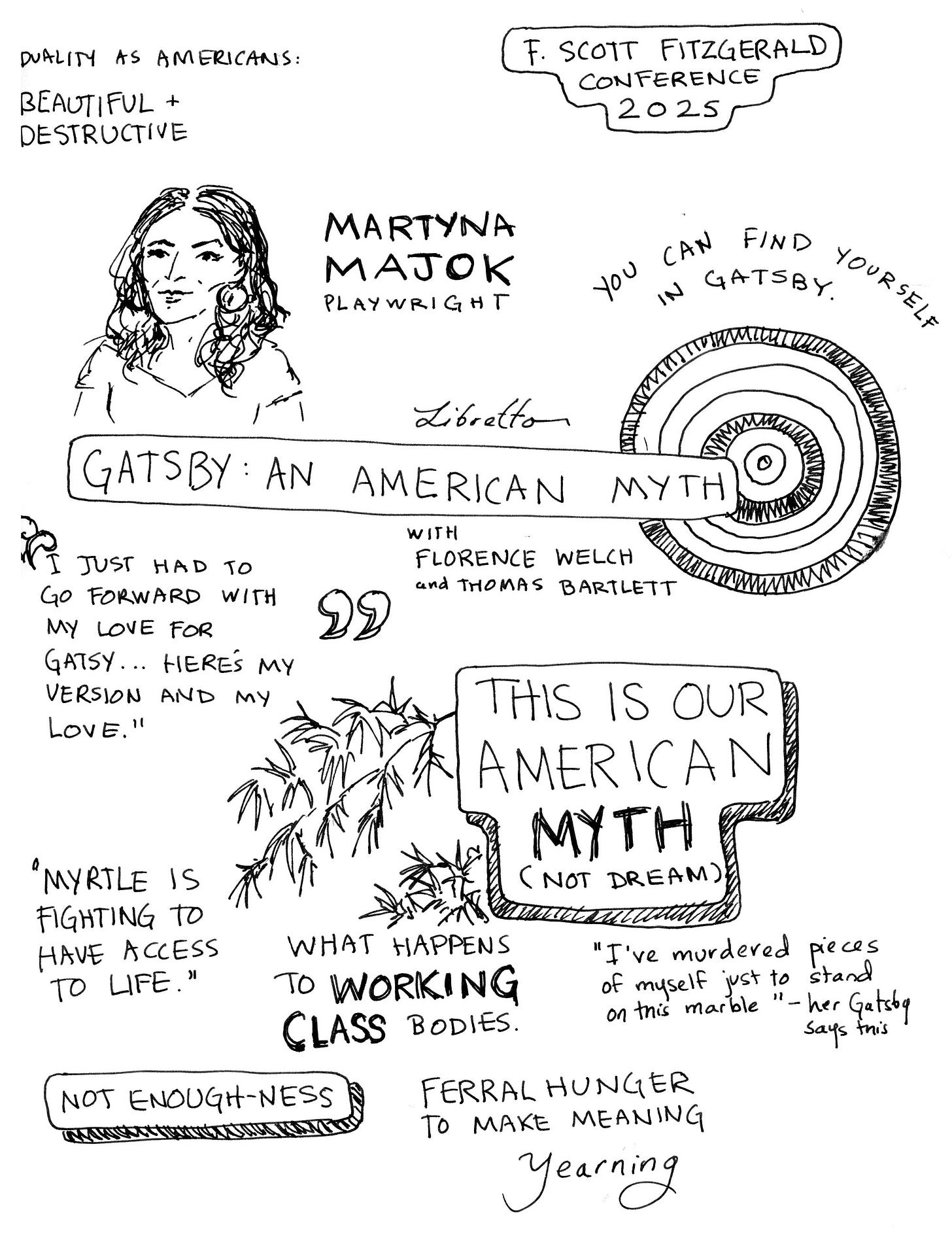 Black and white example of graphic novelist K. Woodman-Maynard's visual notetaking sketchbook spread. 