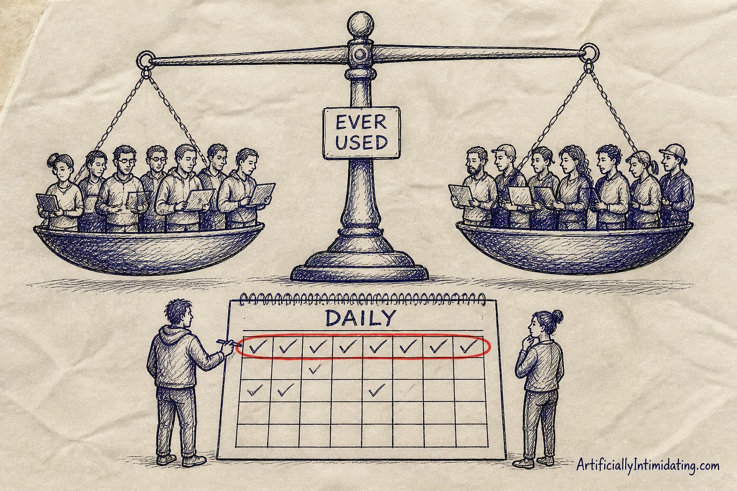 A level balance scale with crowds of people holding laptops in each pan, labeled EVER USED, above a calendar where one person has a full row of daily checkmarks and another only a few.