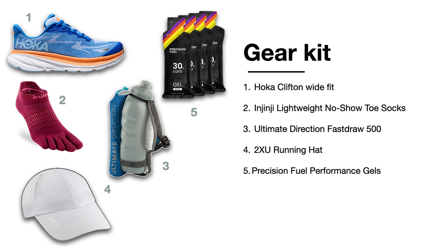 Hoka Clifton running shoes, Injinji toe socks, 2XU Running hat, Ultimate Direction water bottle holder, Precision Fuel and Hydration gels