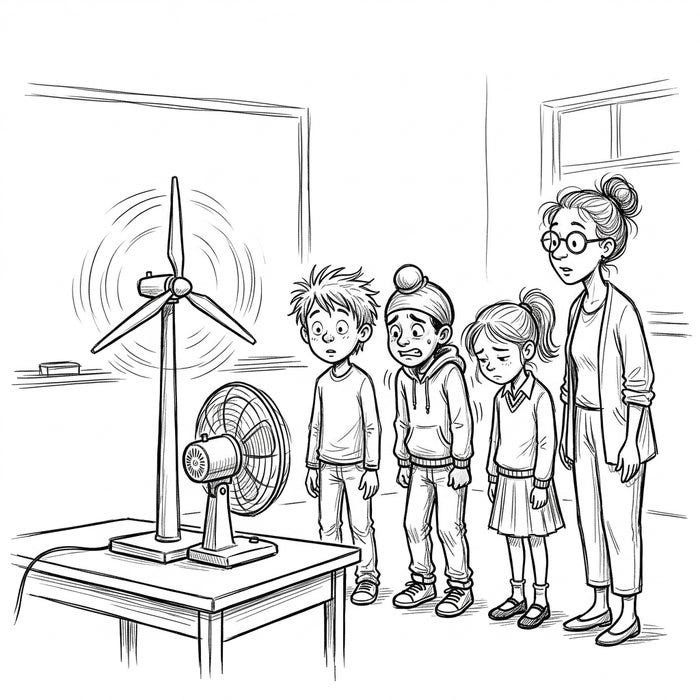 Mrs. Okafor asking the team to explain their wind turbine design