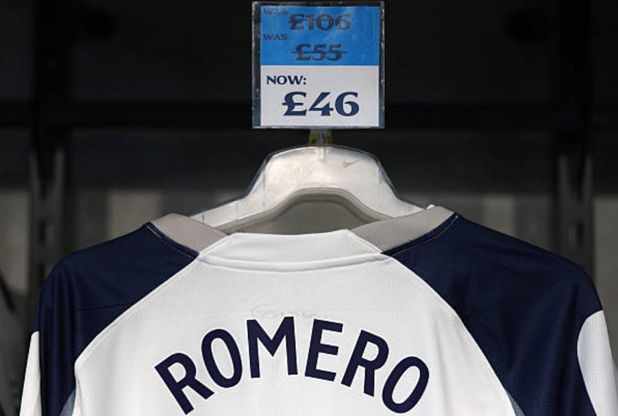 LONDON, ENGLAND - MAY 24: A discounted Christian Romero shirt for sale in the club prior to the Premier League match between Tottenham Hotspur and Everton at Tottenham Hotspur Stadium on May 24, 2026 in London, England. (Photo by Alex Pantling/Getty Images) LONDON, ENGLAND - MAY 24: A discounted Christian Romero shirt for sale in the club prior to the Premier League match between Tottenham Hotspur and Everton at Tottenham Hotspur Stadium on May 24, 2026 in London, England. (Photo by Alex Pantling/Getty Images)