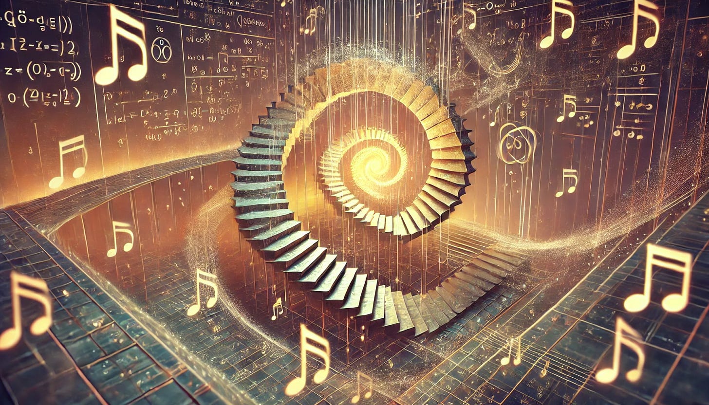 A visually striking digital illustration inspired by Gödel, Escher, and Bach's works, emphasizing recursion and paradox. The image features a surreal blend of elements: an infinite staircase reminiscent of Escher's *Ascending and Descending*, a glowing mathematical formula spiraling like a strange loop (symbolizing Gödel's incompleteness), and overlapping musical notes weaving together like Bach's canons. The composition is ethereal, with soft, warm lighting highlighting the interplay of art, math, and music in a futuristic, dreamlike setting. Perfect for an essay on creativity and AI. Aspect ratio 16:9.
