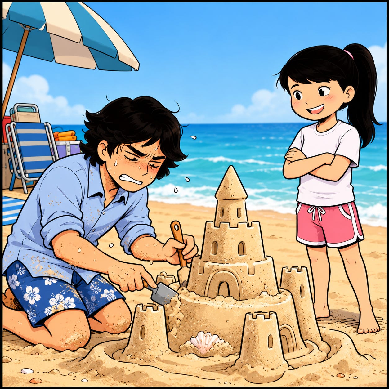 Papa builds a sandcastle while Zara stands nearby with folded arms, watching confidently.