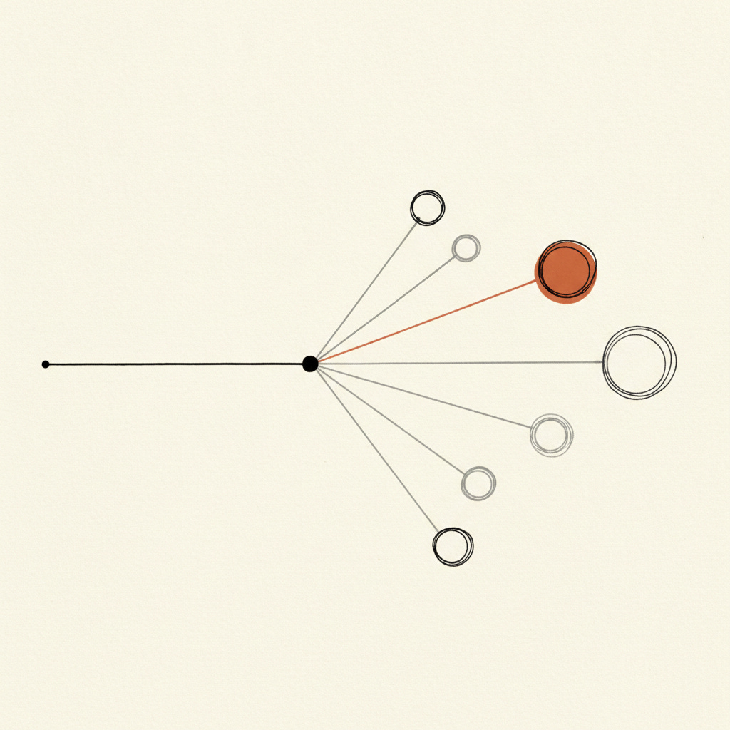 A task-line branching at a junction, the right path lit amber to its matching circle — choosing a model is routing to the right-sized option