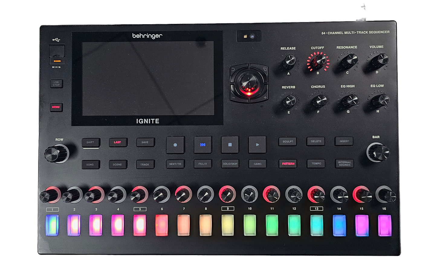 behringer IGNITE full front panel showing 7" screen with sequence triggers behringer IGNITE full front panel showing 7" screen with sequence triggers