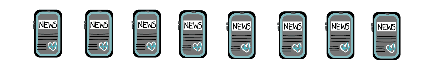 A series of illustrated cell phones lined up. On the screen, the word "News" appears.
