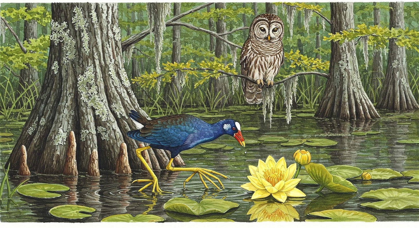 Barred owl watching a Purple Gallnole in the swamp. Barred owl watching a Purple Gallnole in the swamp.