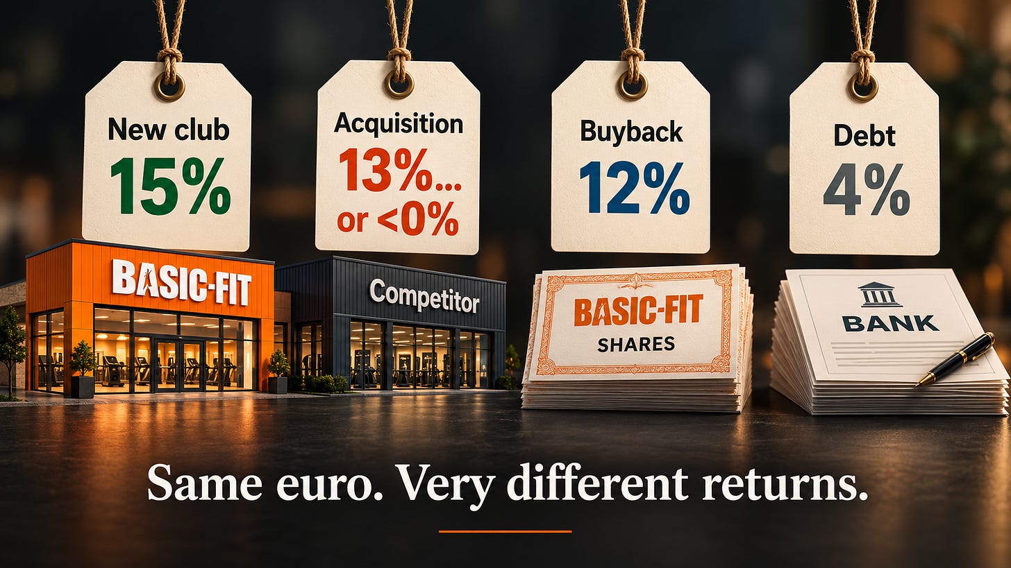 Graphic comparing four uses of capital at Basic-Fit: new club 15%, acquisition 13% or below 0%, buyback 12%, and debt repayment 4%. Graphic comparing four uses of capital at Basic-Fit: new club 15%, acquisition 13% or below 0%, buyback 12%, and debt repayment 4%.
