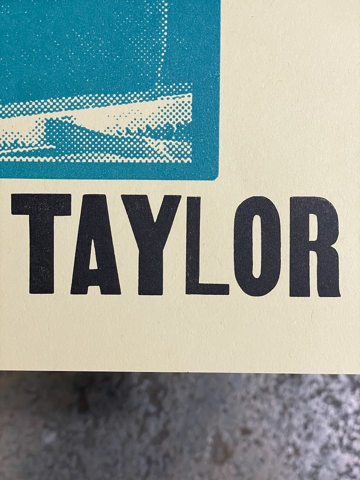 Two photos from the making of the poster that show how the type is set on press and how it looks when printed