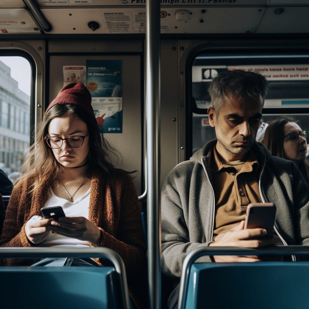 Two people sitting in a metro train reading news on their smartphones. Generated by Midjourney. Two people sitting in a metro train reading news on their smartphones. Generated by Midjourney.