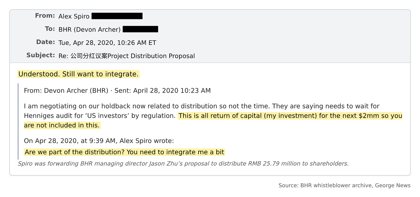 Email, April 28, 2020: Spiro asks Archer “Are we part of the distribution?”