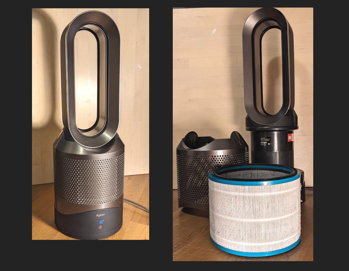 Two photos of my Dyson air purifier. The first photo shows it as it usually is. It's hard to describe: it's shiny metal, the base is a cylinder maybe a foot in diameter, and the top part is... imagine a hollow metal cylinder but stretched, so only the edges are circular and the middle bit is straight. The second photo shows the same air purifier disassembled. In front is a white cylindrical filter. Behind are the other two pieces of the device.