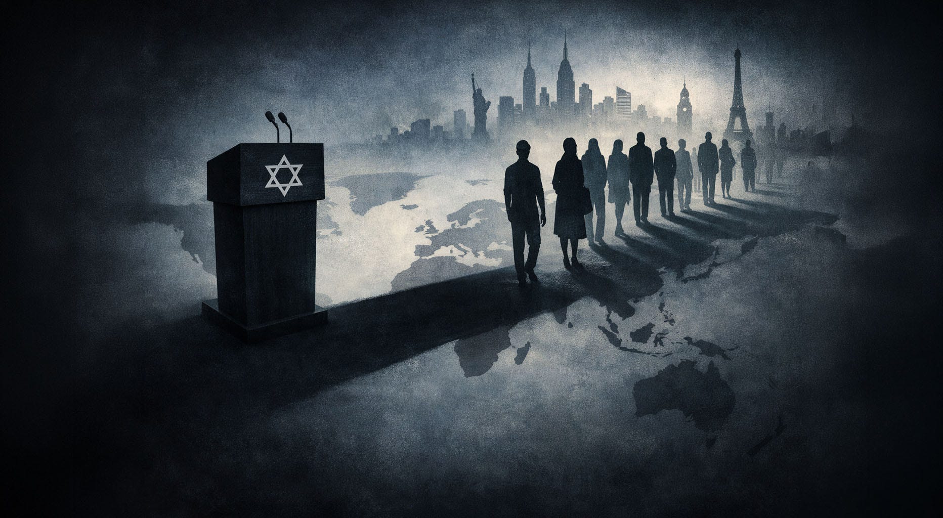 A dark, minimalist illustration of a podium with a Star of David casting a long shadow across a world map, where the shadow transforms into silhouettes of civilians in cities like Paris, New York, and London, symbolizing how state actions affect ordinary people worldwide.