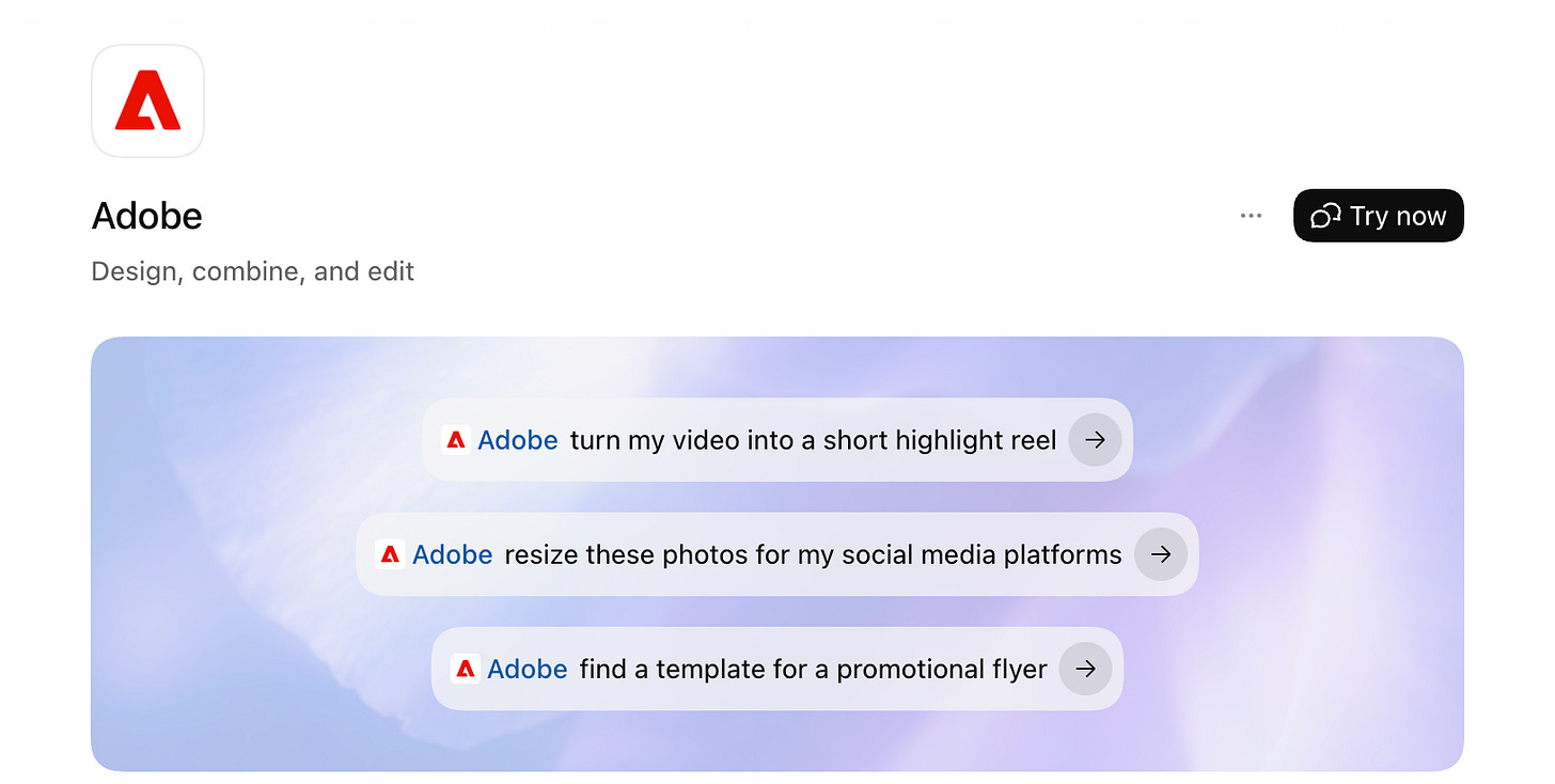 The Adobe plugin page in ChatGPT with a “Try now” button and example requests to create a video highlight reel, resize photos for social media, and find a promotional flyer template.